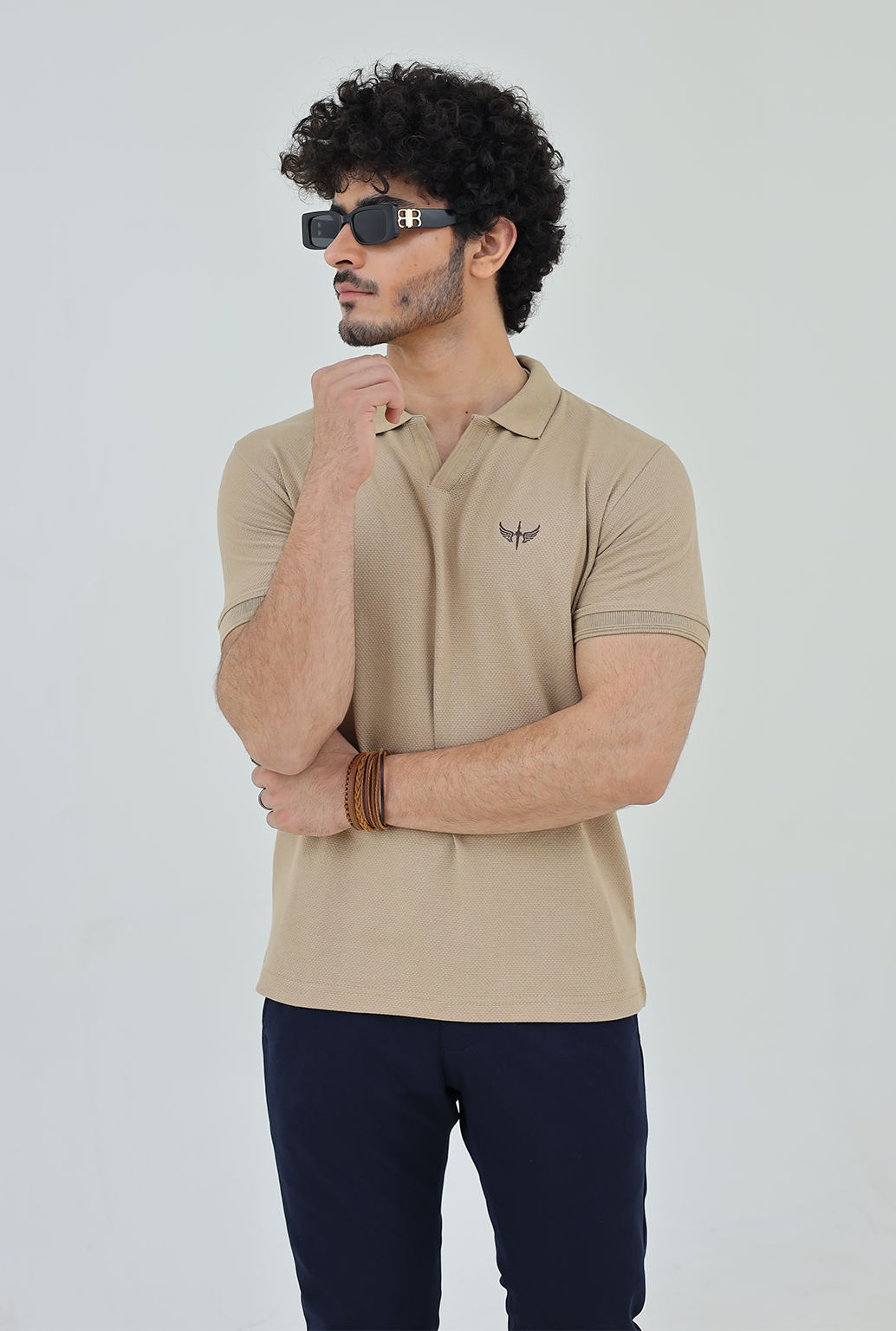 Textured Knitted Polo shirt - Stone color