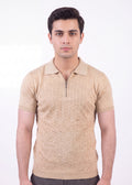 Textured Zip-Neck Knit Polo Shirt – Beige