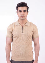 Textured Zip-Neck Knit Polo Shirt – Beige