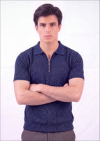 Textured Zip-Neck Knit Polo Shirt – Navy Blue