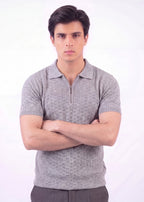 Textured Zip-Neck Knit Polo Shirt – Grey