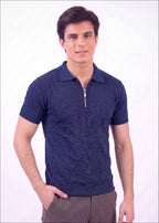 Textured Zip-Neck Knit Polo Shirt – Navy Blue