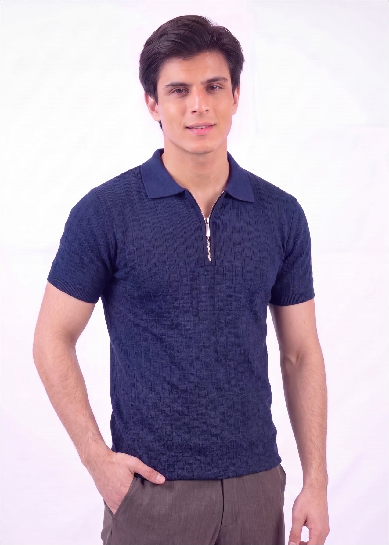 Textured Zip-Neck Knit Polo Shirt – Navy Blue