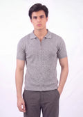 Textured Zip-Neck Knit Polo Shirt – Grey