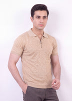 Textured Zip-Neck Knit Polo Shirt – Beige