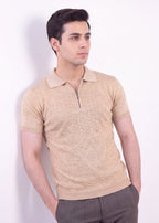 Textured Zip-Neck Knit Polo Shirt – Beige