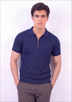 Textured Zip-Neck Knit Polo Shirt – Navy Blue
