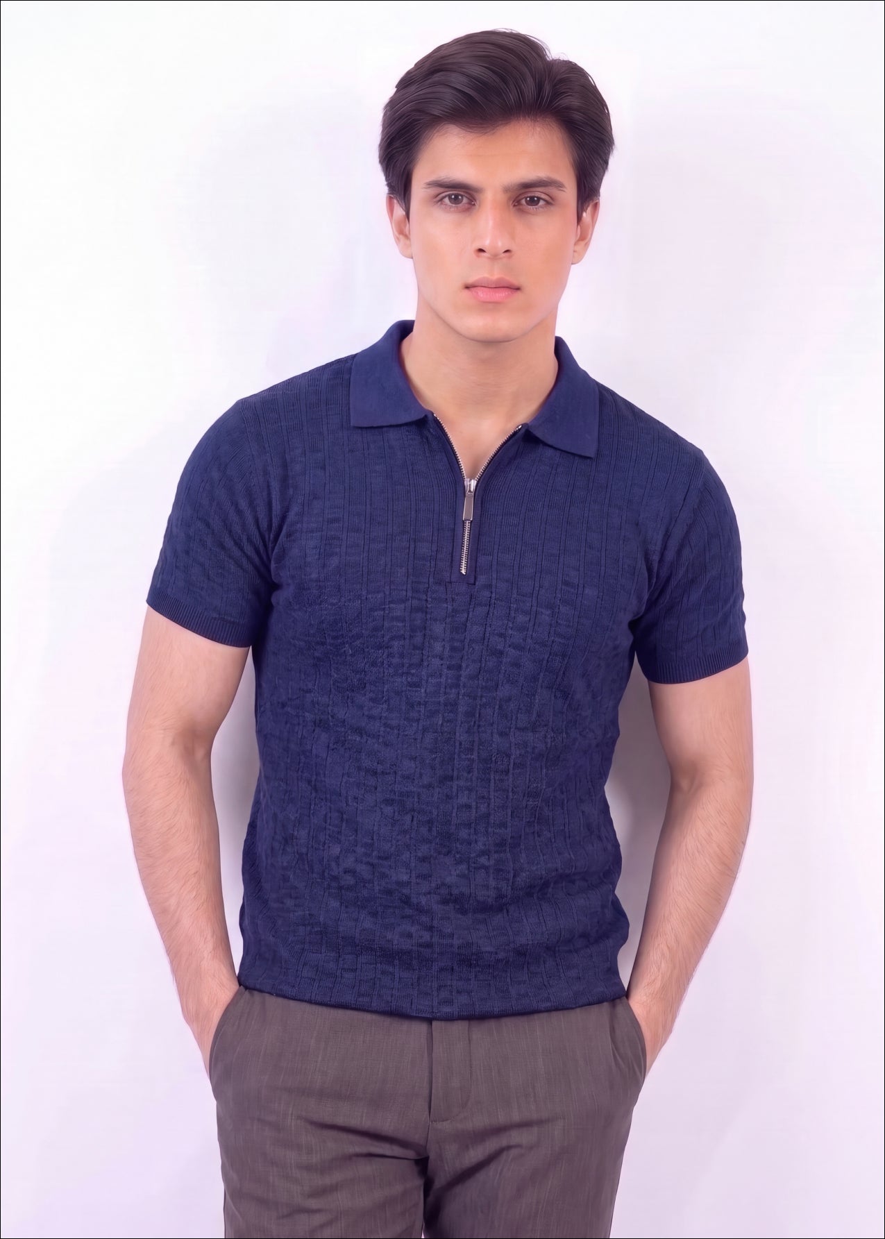 Textured Zip-Neck Knit Polo Shirt – Navy Blue