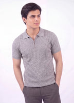 Textured Zip-Neck Knit Polo Shirt – Grey