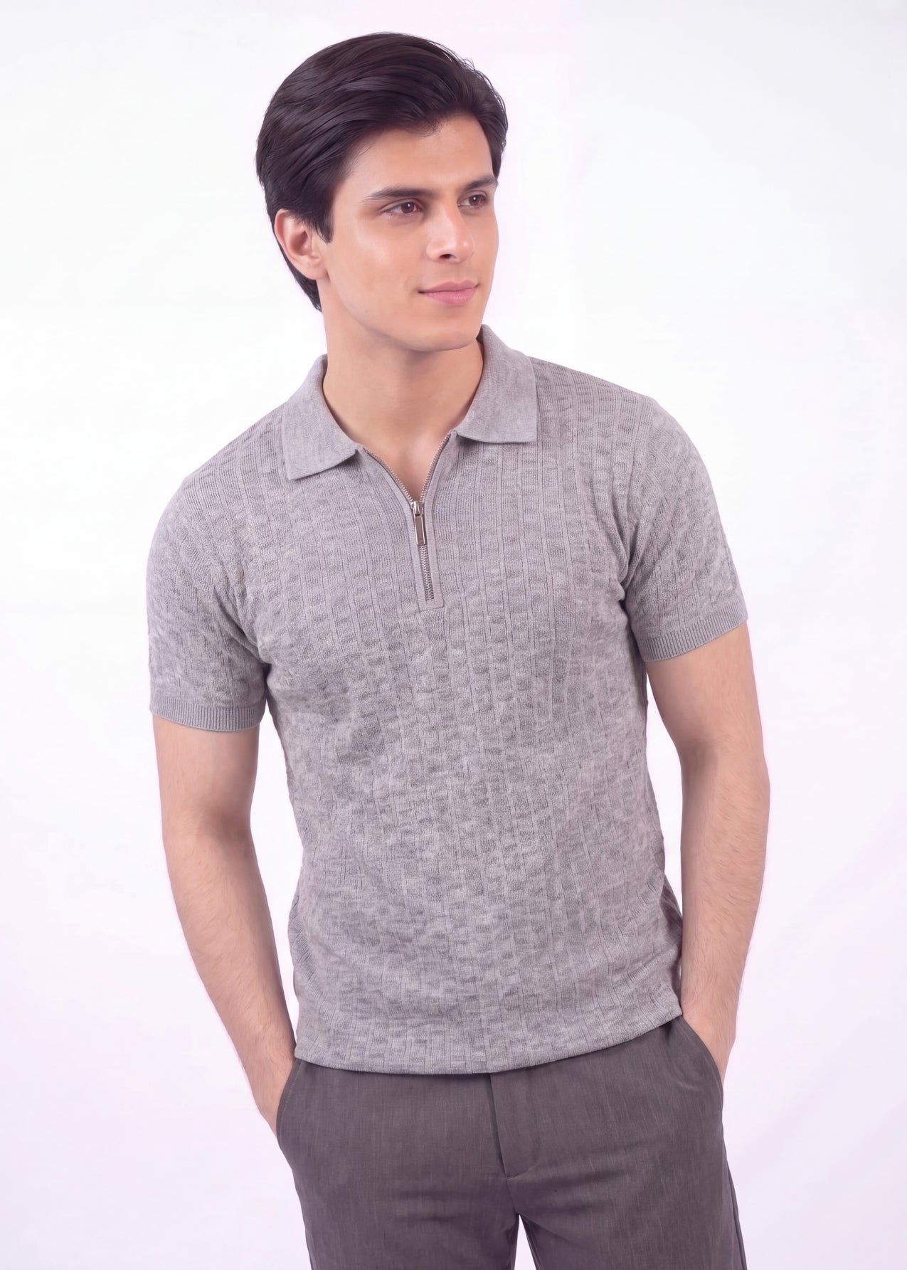 Textured Zip-Neck Knit Polo Shirt – Grey