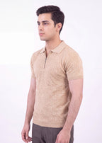 Textured Zip-Neck Knit Polo Shirt – Beige
