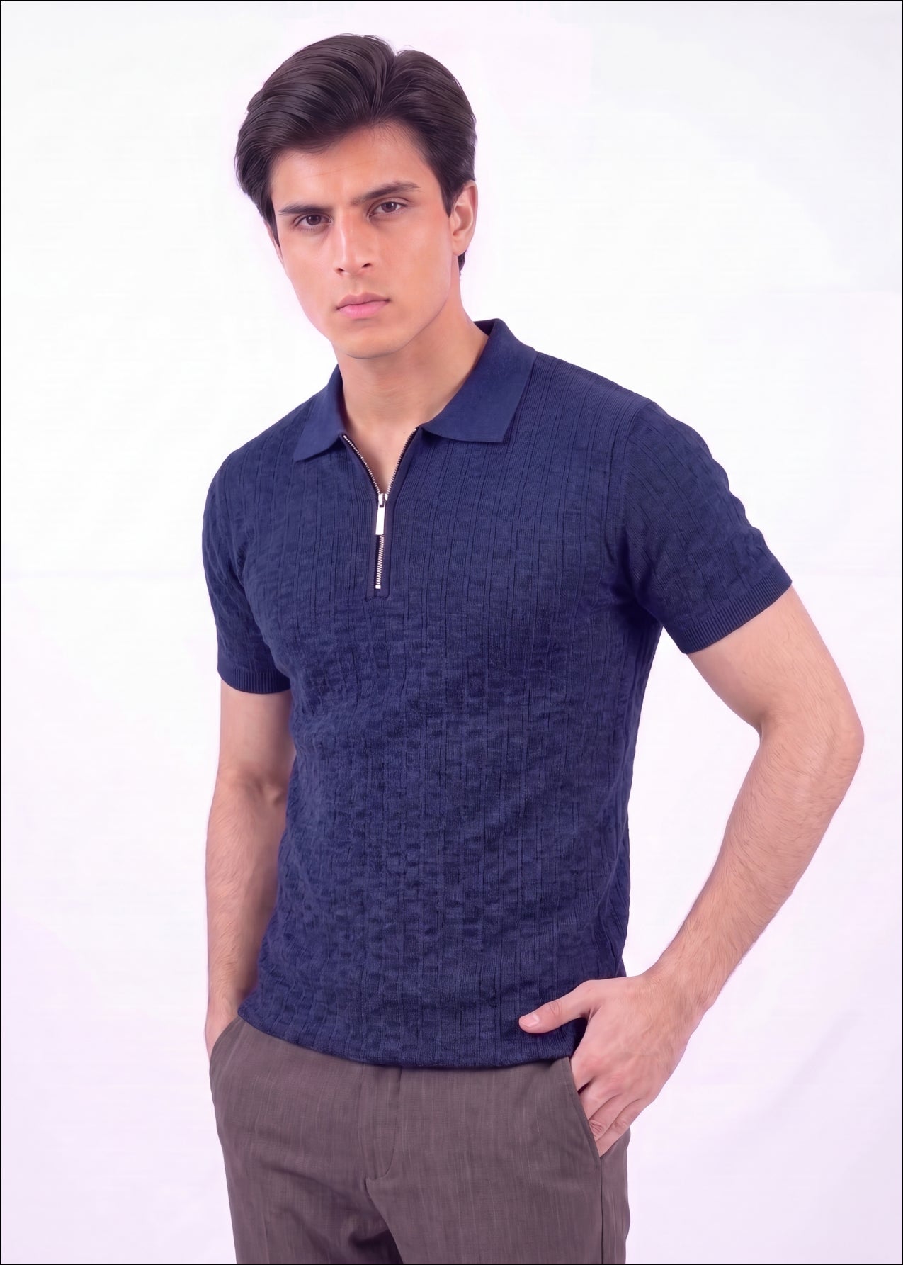 Textured Zip-Neck Knit Polo Shirt – Navy Blue
