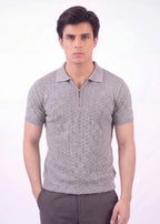 Textured Zip-Neck Knit Polo Shirt – Grey