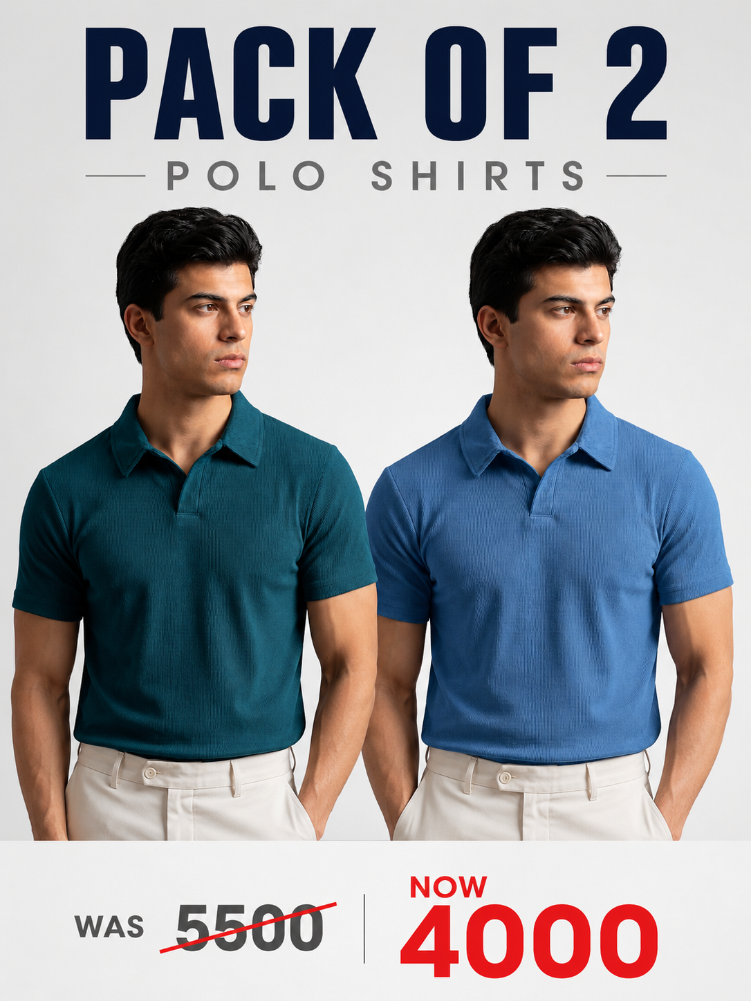 Pack Of 2 Ribbed Polo shirts (Sky Blue + Zinc)